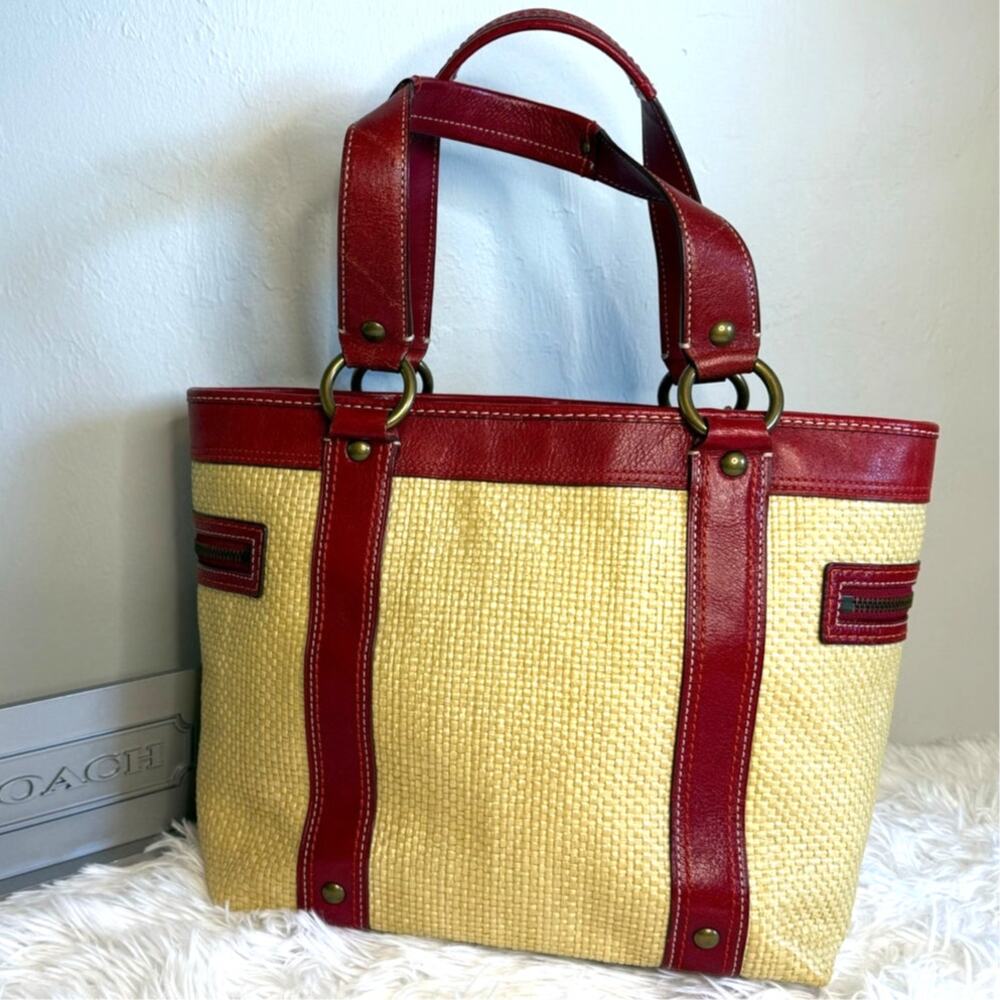 Vintage COACH y2k Red Natural Legacy Straw Tote Bag - Picture 2 of 13